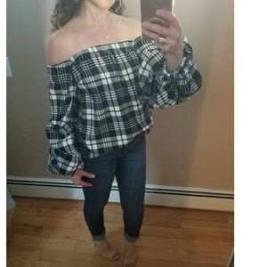 Greyson black & white plaid off the shoulder top